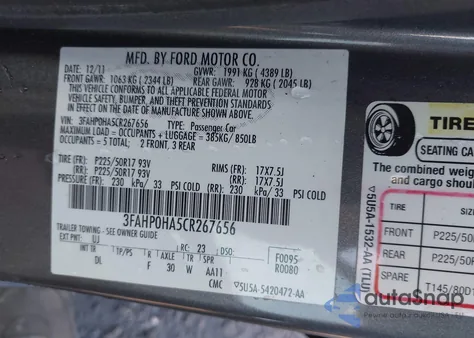 2012 Ford Fusion Se z USA, uszkodzony, nr VIN 3FAHP0HA5CR267656
